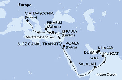 Spojené arabské emiráty, Omán, Jordánsko, Egypt, Řecko, Itálie z Dubaje na lodi MSC Splendida