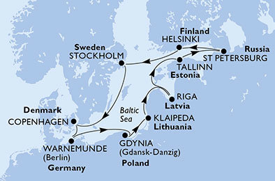 Dánsko, Německo, Polsko, Litva, Lotyšsko, Estonsko, Rusko, Finsko, Švédsko z Kodaně na lodi MSC Poesia