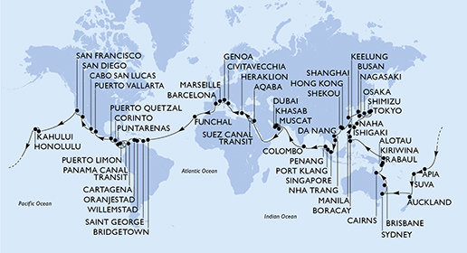 Itálie, Francie, Španělsko, Portugalsko, Barbados, Grenada, Curacao, Aruba, Kolumbie, Kostarika, Panama, Nikaragua, Guatemala, Mexiko, USA, Samoa, Fidži, Nový Zéland, Austrálie, Papua Nová Guinea, Ekvádor, Filipíny, Tchaj-wan, Japonsko, Jižní Korea, Čína, Vietnam, Singapur, Malajsie, Srí Lanka, Spojené arabské emiráty, Omán, Jordánsko, Egypt, Řecko z Barcelony na lodi MSC Poesia