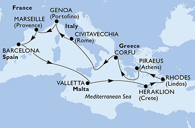 Francie, Španělsko, Malta, Řecko, Itálie z Marseille na lodi MSC Poesia