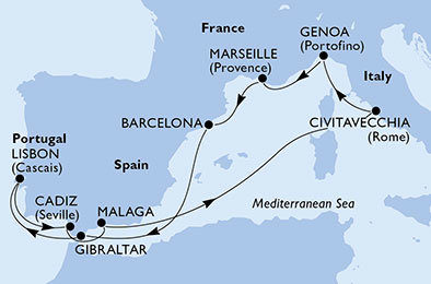 Itálie, Francie, Španělsko, Velká Británie, Portugalsko z Civitavecchia na lodi MSC Poesia