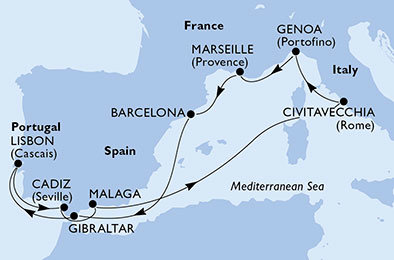 Španělsko, Velká Británie, Portugalsko, Itálie, Francie z Barcelony na lodi MSC Poesia