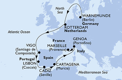 Německo, Nizozemsko, Španělsko, Portugalsko, Itálie, Francie z Warnemünde na lodi MSC Poesia
