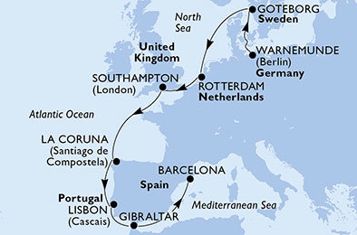 Německo, Švédsko, Nizozemsko, Velká Británie, Španělsko, Portugalsko z Warnemünde na lodi MSC Poesia