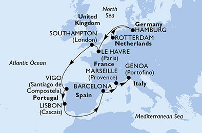 Nizozemsko, Německo, Francie, Velká Británie, Španělsko, Portugalsko, Itálie z Rotterdamu na lodi MSC Preziosa