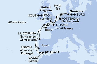 Německo, Francie, Velká Británie, Portugalsko, Španělsko, Nizozemsko z Hamburku na lodi MSC Preziosa