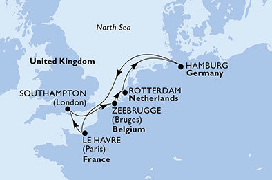 Francie, Velká Británie, Belgie, Nizozemsko, Německo z Hamburku na lodi MSC Preziosa