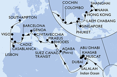 Čína, Japonsko, Thajsko, Singapur, Srí Lanka, Indie, Omán, Spojené arabské emiráty, Jordánsko, Egypt, Řecko, Itálie, Španělsko, Maroko, Portugalsko, Velká Británie ze Šanghaje na lodi MSC Splendida