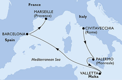 Itálie, Malta, Španělsko, Francie z Civitavecchia na lodi MSC Meraviglia