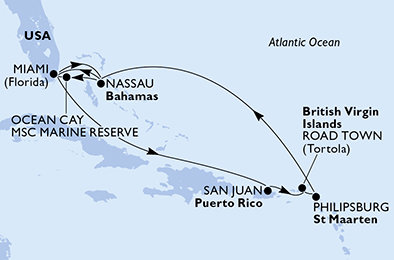 USA, Bahamy, Britské Panenské ostrovy, Svatý Martin z Miami na lodi MSC Divina