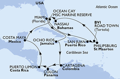 USA, Britské Panenské ostrovy, Svatý Martin, Bahamy, Jamajka, Kolumbie, Panama, Kostarika, Mexiko z Miami na lodi MSC Divina