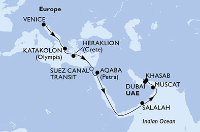 Itálie, Řecko, Egypt, Jordánsko, Omán, Spojené arabské emiráty z Benátek na lodi MSC Lirica