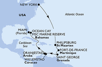 USA - Východní pobřeží, Svatý Martin, Martinik, Grenada, Curacao, Aruba, Bahamy, USA z New Yorku na lodi MSC Meraviglia