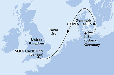 Německo, Dánsko, Velká Británie z Kielu na lodi MSC Meraviglia