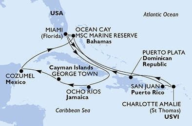 USA, Dominikánská republika, Bahamy, Jamajka, Kajmanské ostrovy, Mexiko z Miami na lodi MSC Seaside
