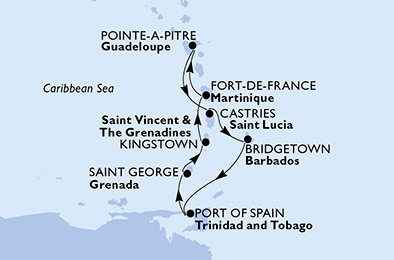 Martinik, Guadeloupe, Svatá Lucie, Barbados, Trinidad a Tobago, Grenada, Svatý Vincenc a Grenadiny z Fort de France, Martinik na lodi MSC Splendida
