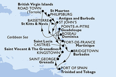 Martinik, Guadeloupe, Svatá Lucie, Barbados, Trinidad a Tobago, Grenada, Svatý Vincenc a Grenadiny, Britské Panenské ostrovy, Svatý Martin, Dominika, Svatý Kryštof a Nevis, Antigua a Barbuda z Fort de France, Martinik na lodi MSC Splendida