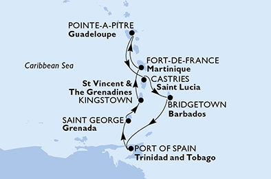 Guadeloupe, Svatá Lucie, Barbados, Trinidad a Tobago, Grenada, Svatý Vincenc a Grenadiny, Martinik z Pointe-à-Pitre, Guadeloupe na lodi MSC Splendida