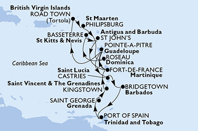 Guadeloupe, Britské Panenské ostrovy, Svatý Martin, Dominika, Svatý Kryštof a Nevis, Antigua a Barbuda, Martinik, Svatá Lucie, Barbados, Trinidad a Tobago, Grenada, Svatý Vincenc a Grenadiny z Pointe-à-Pitre, Guadeloupe na lodi MSC Splendida