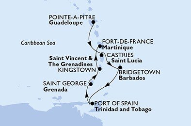 Guadeloupe, Svatá Lucie, Barbados, Trinidad a Tobago, Grenada, Svatý Vincenc a Grenadiny, Martinik z Pointe-à-Pitre, Guadeloupe na lodi MSC Splendida
