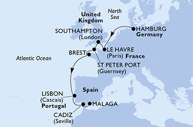 Německo, Francie, Velká Británie, Korunní závislé území Velké Británie, Portugalsko, Španělsko z Hamburku na lodi MSC Preziosa
