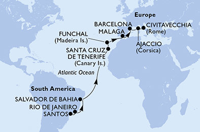 Brazílie, Španělsko, Portugalsko, Francie, Itálie ze Santosu na lodi MSC Sinfonia