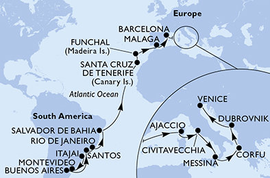 Brazílie, Uruguay, Argentina, Španělsko, Portugalsko, Francie, Itálie, Řecko, Chorvatsko na lodi MSC Sinfonia
