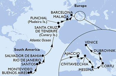 Uruguay, Argentina, Brazílie, Španělsko, Portugalsko, Francie, Itálie, Řecko, Chorvatsko z Montevidea na lodi MSC Sinfonia