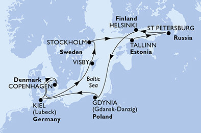 Německo, Dánsko, Švédsko, Estonsko, Rusko, Finsko, Polsko z Kielu na lodi MSC Splendida