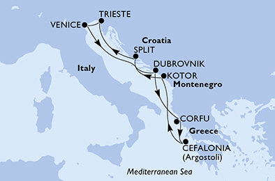 Itálie, Chorvatsko, Řecko, Černá Hora z Benátek na lodi MSC Lirica