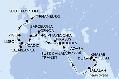 Spojené arabské emiráty, Omán, Jordánsko, Egypt, Řecko, Itálie, Španělsko, Maroko, Portugalsko, Velká Británie, Německo z Dubaje na lodi MSC Splendida