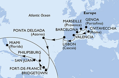 Španělsko, Francie, Itálie, Portugalsko, Barbados, Martinik, Svatý Martin, USA z Barcelony na lodi MSC Divina