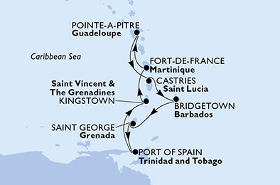 Guadeloupe, Svatá Lucie, Barbados, Grenada, Trinidad a Tobago, Svatý Vincenc a Grenadiny, Martinik z Pointe-à-Pitre, Guadeloupe na lodi MSC Preziosa