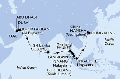 Spojené arabské emiráty, Srí Lanka, Thajsko, Malajsie, Singapur, Čína z Dubaje na lodi MSC Bellissima