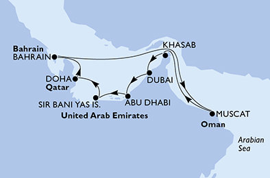 Spojené arabské emiráty, Katar, Bahrajn, Omán z Dubaje na lodi MSC Lirica