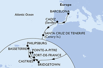 Španělsko, Barbados, Svatá Lucie, Svatý Kryštof a Nevis, Svatý Martin, Martinik, Guadeloupe z Barcelony na lodi MSC Splendida