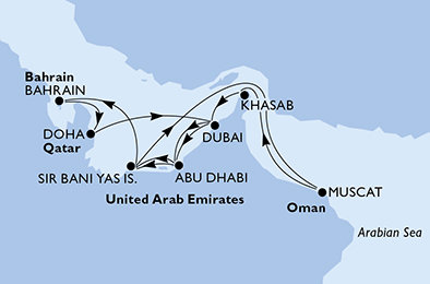 Katar, Spojené arabské emiráty, Omán, Bahrajn z Dohy na lodi MSC Bellissima