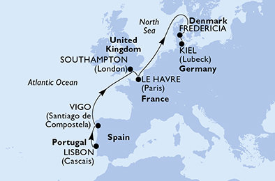 Portugalsko, Španělsko, Velká Británie, Francie, Dánsko, Německo z Lisabonu na lodi MSC Meraviglia