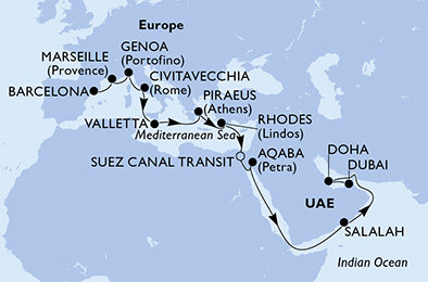 Španělsko, Francie, Itálie, Malta, Řecko, Egypt, Jordánsko, Omán, Katar, Spojené arabské emiráty z Barcelony na lodi MSC Seaview