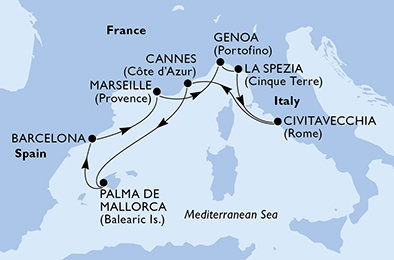 Itálie, Francie, Španělsko z Janova na lodi MSC Seaview