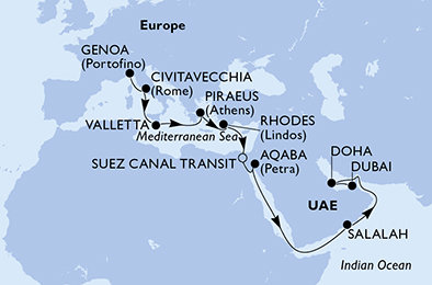 Itálie, Malta, Řecko, Egypt, Jordánsko, Omán, Katar, Spojené arabské emiráty z Janova na lodi MSC Seaview