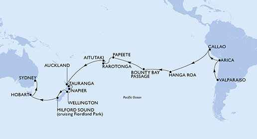 Chile, Peru, Zámořské území Velké Británie, Francouzská Polynésie, Cookovy ostrovy, Nový Zéland, Austrálie z Valparaisa na lodi MSC Magnifica