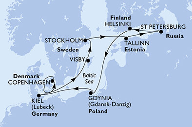 Dánsko, Švédsko, Estonsko, Rusko, Finsko, Polsko, Německo z Kodaně na lodi MSC Splendida