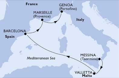 Itálie, Malta, Španělsko, Francie z Messiny na lodi MSC Seashore