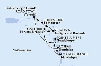 Martinik, Guadeloupe, Britské Panenské ostrovy, Svatý Martin, Antigua a Barbuda, Svatý Kryštof a Nevis, Dominika z Fort de France, Martinik na lodi MSC Splendida