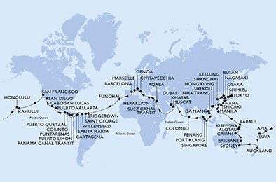 Itálie, Francie, Španělsko, Portugalsko, Barbados, Grenada, Curacao, Kolumbie, Kostarika, Panama, Nikaragua, Guatemala, Mexiko, USA, Samoa, Fidži, Nový Zéland, Austrálie, Papua Nová Guinea, Filipíny, Tchaj-wan, Japonsko, Jižní Korea, Čína, Vietnam, Singapur, Malajsie, Srí Lanka, Spojené arabské emiráty, Omán, Jordánsko, Egypt, Řecko z Janova na lodi MSC Poesia