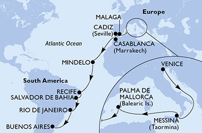 Itálie, Španělsko, Maroko, Kapverdy, Brazílie, Argentina z Benátek na lodi MSC Orchestra