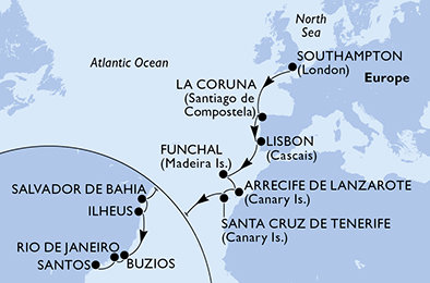 Velká Británie, Španělsko, Portugalsko, Brazílie ze Southamptonu na lodi MSC Preziosa