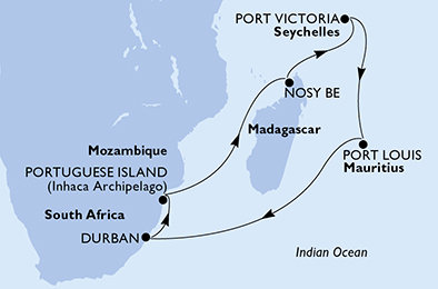 Jihoafrická republika, Mosambik, Madagaskar, Seychely, Mauricius z Durbanu na lodi MSC Musica