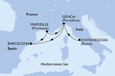 Itálie, Španělsko, Francie z Civitavecchia na lodi MSC Virtuosa